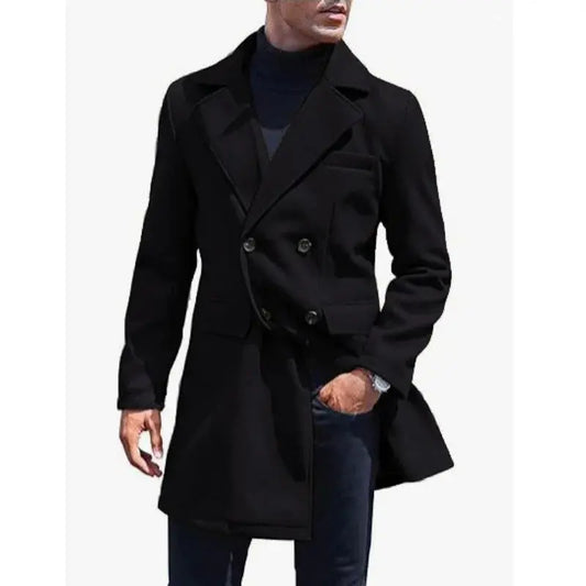 Men’s Mid-Length Coat Wool with Double-Breasted Lapel LariLeo Store