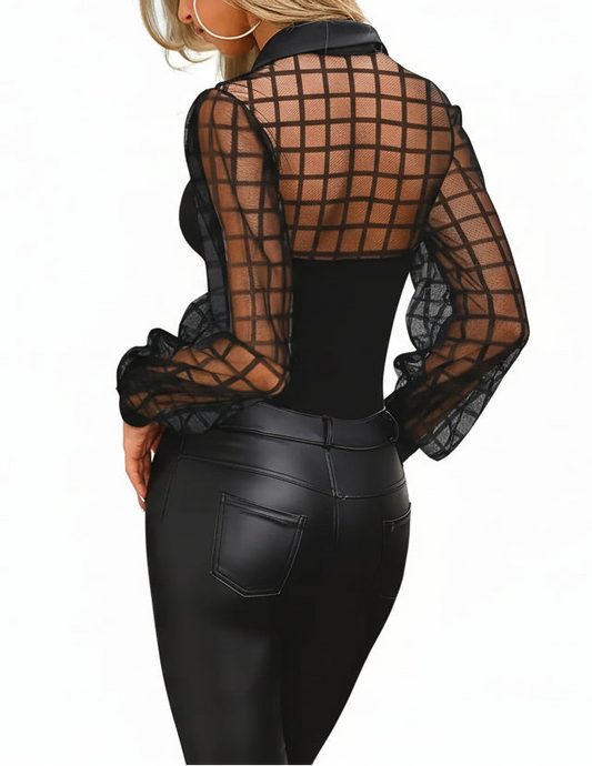 Elegant Women’s Blouse Lapel Mesh Long Sleeve Shirt LariLeo Store