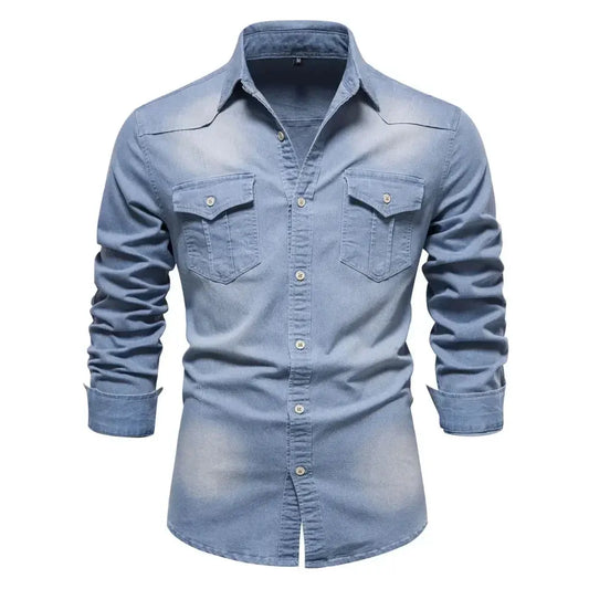 Mens Elastic Cotton Denim Shirt slim fit long sleeve top LariLeo Store