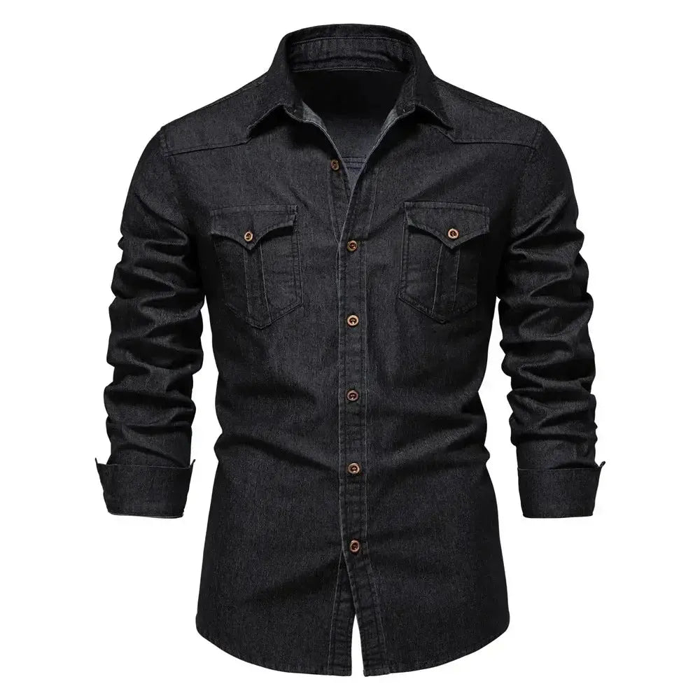 Mens Elastic Cotton Denim Shirt slim fit long sleeve top LariLeo Store