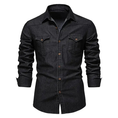 Mens Elastic Cotton Denim Shirt slim fit long sleeve top LariLeo Store