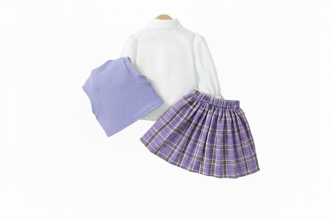 Kid Girl Outfit – 3PCS Long Sleeve Blouse Vest & Plaid Skirt LariLeo Store