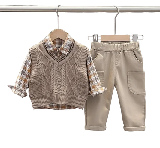 Toddler Cotton Costume Plaid Shirt Vest Pants Set