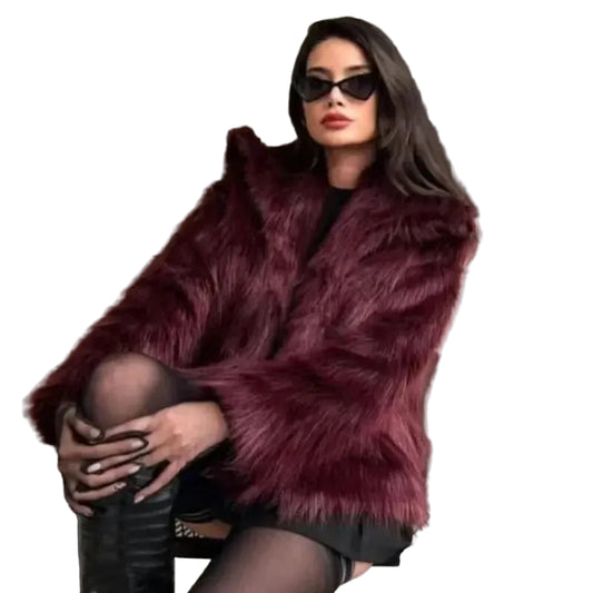 Women’s Plush Coat Burgundy Bomber Jacket Cropped Long Sleeve LariLeo Store