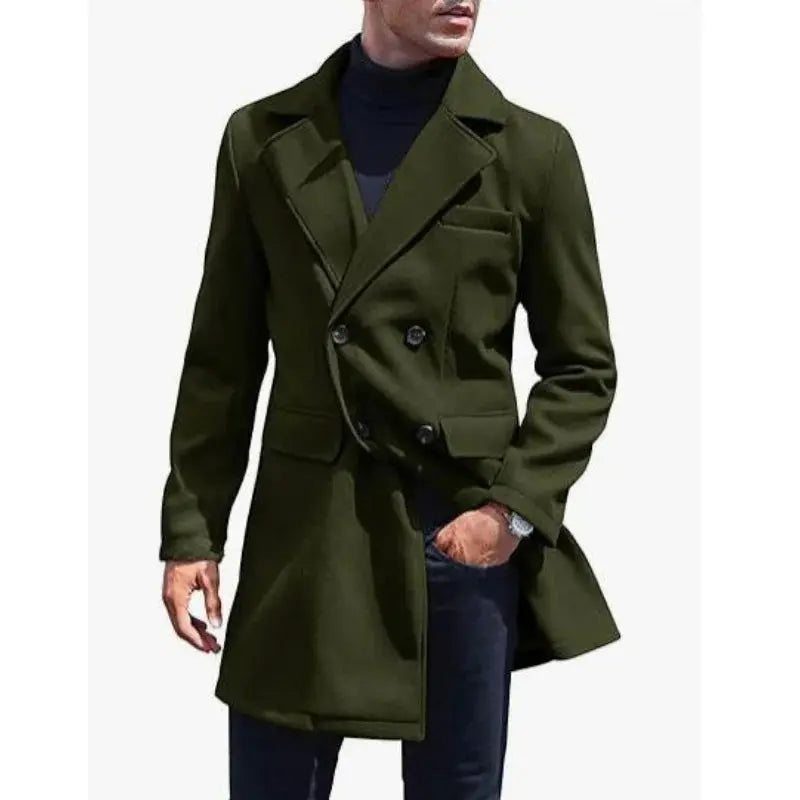 Men’s Mid-Length Coat Wool with Double-Breasted Lapel LariLeo Store