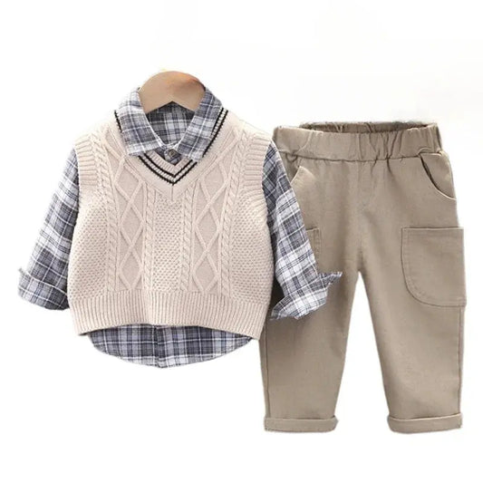 Toddler Cotton Costume Plaid Shirt Vest Pants Set