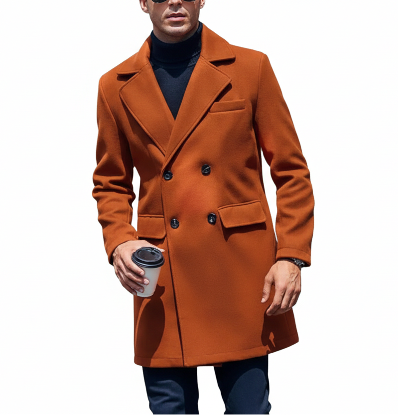 Men’s Mid-Length Coat Wool with Double-Breasted Lapel LariLeo Store