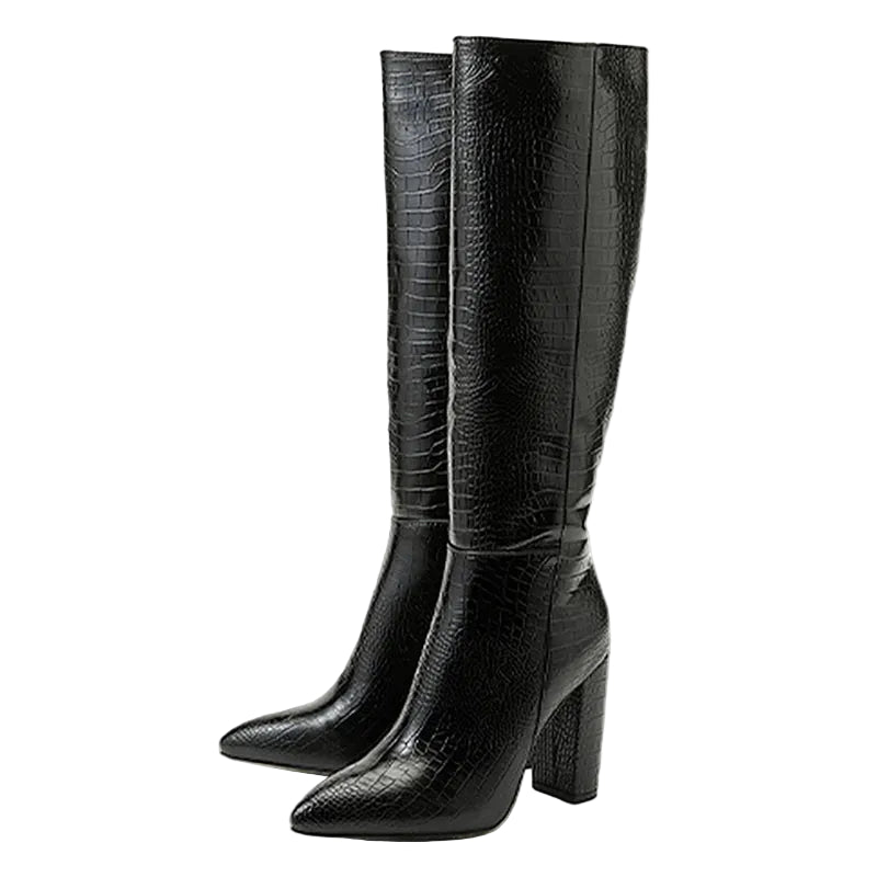 Knee-High Patent Leather Boots with Pointed Toe and Block Heel