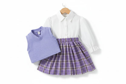 Kid Girl Outfit – 3PCS Long Sleeve Blouse Vest & Plaid Skirt LariLeo Store
