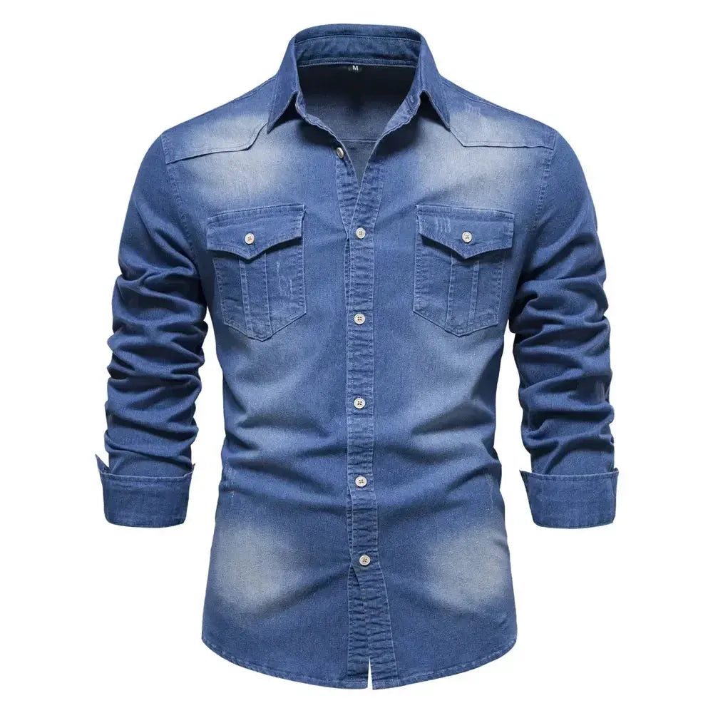 Mens Elastic Cotton Denim Shirt slim fit long sleeve top LariLeo Store