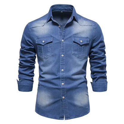 Mens Elastic Cotton Denim Shirt slim fit long sleeve top LariLeo Store