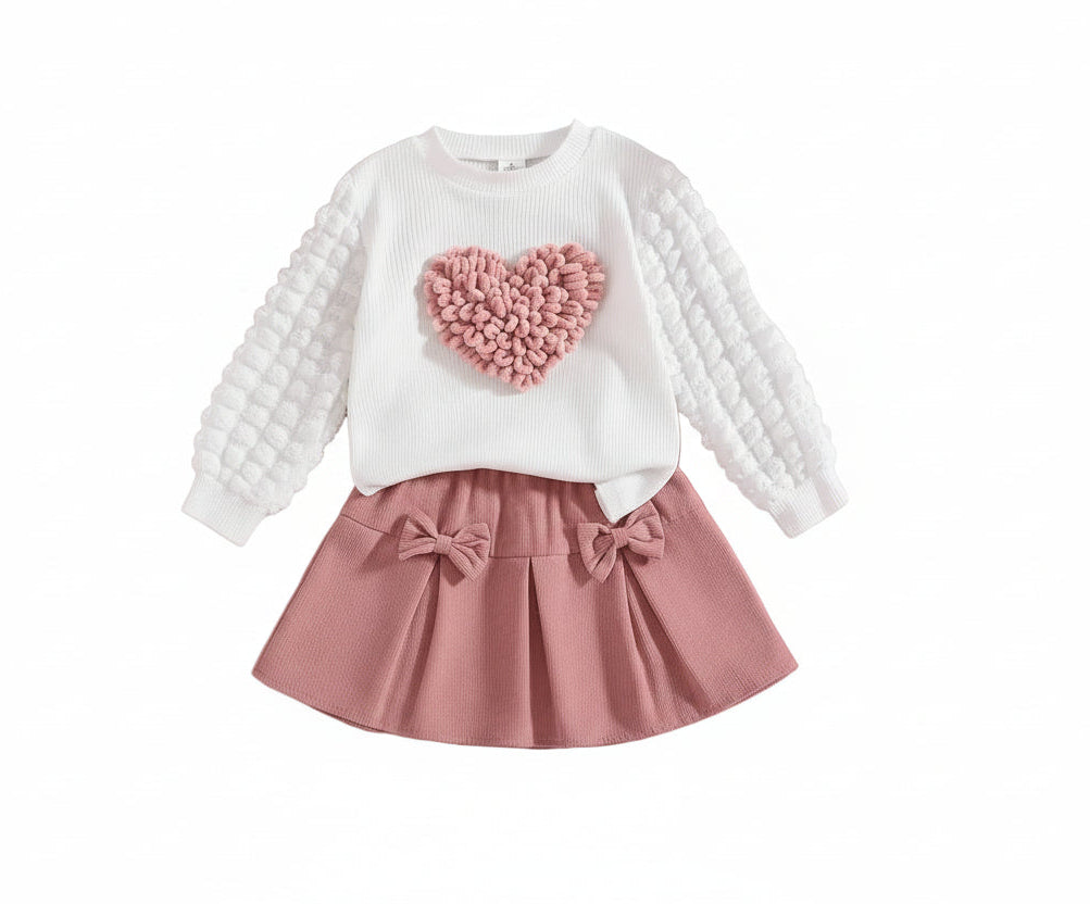 Girls Skirt Set – Lantern Sleeve Heart Top and Pink Bow Skirt LariLeo Store