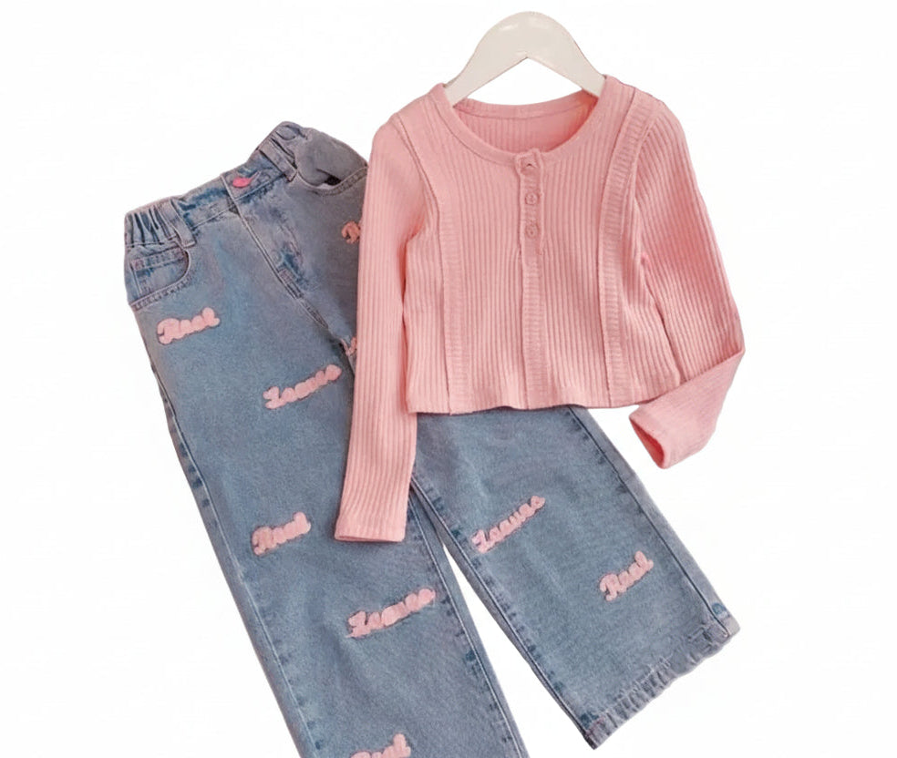 Girls Clothing Set Long Sleeve Top and Wide Leg Jeans LariLeo Store