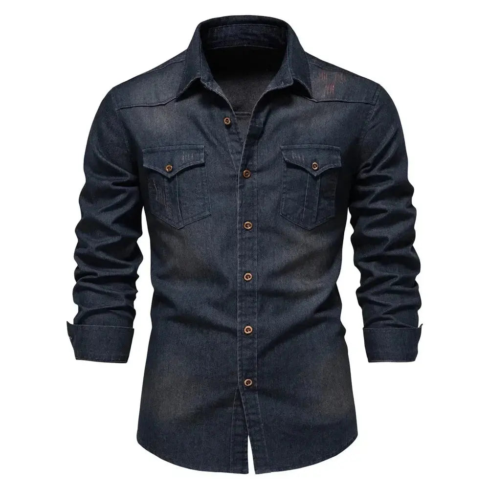 Mens Elastic Cotton Denim Shirt slim fit long sleeve top LariLeo Store