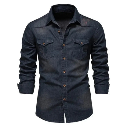 Mens Elastic Cotton Denim Shirt slim fit long sleeve top LariLeo Store