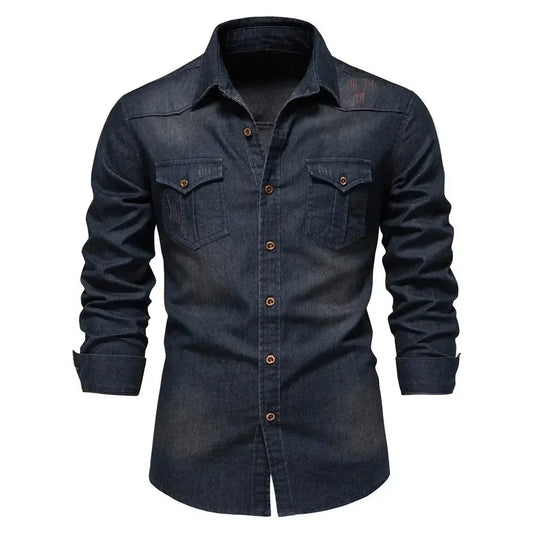 Mens Elastic Cotton Denim Shirt slim fit long sleeve top LariLeo Store