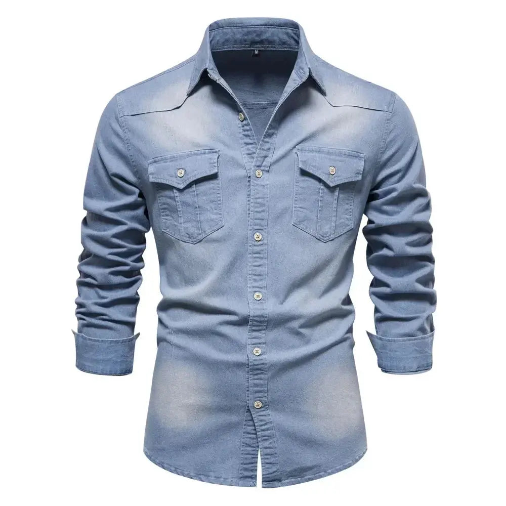 Mens Elastic Cotton Denim Shirt slim fit long sleeve top LariLeo Store