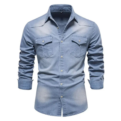 Mens Elastic Cotton Denim Shirt slim fit long sleeve top LariLeo Store