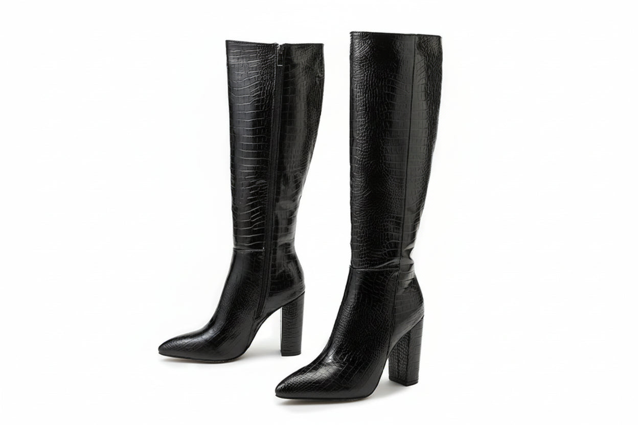 Knee-High Patent Leather Boots with Pointed Toe and Block Heel