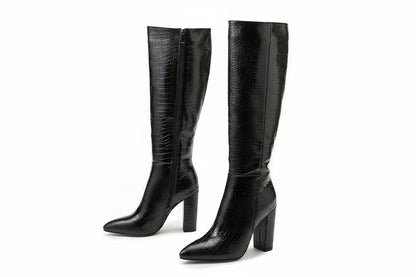 Knee-High Patent Leather Boots with Pointed Toe and Block Heel