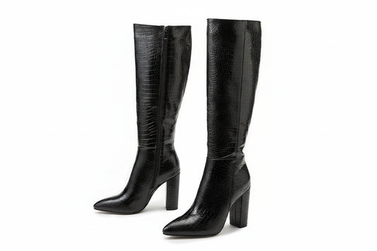 Knee-High Patent Leather Boots with Pointed Toe and Block Heel